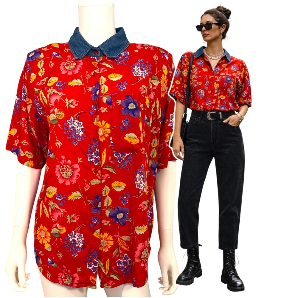 Vtg 80s 90s Just Class Red Floral Blouse Denim Collar Womens Small Cottagecore